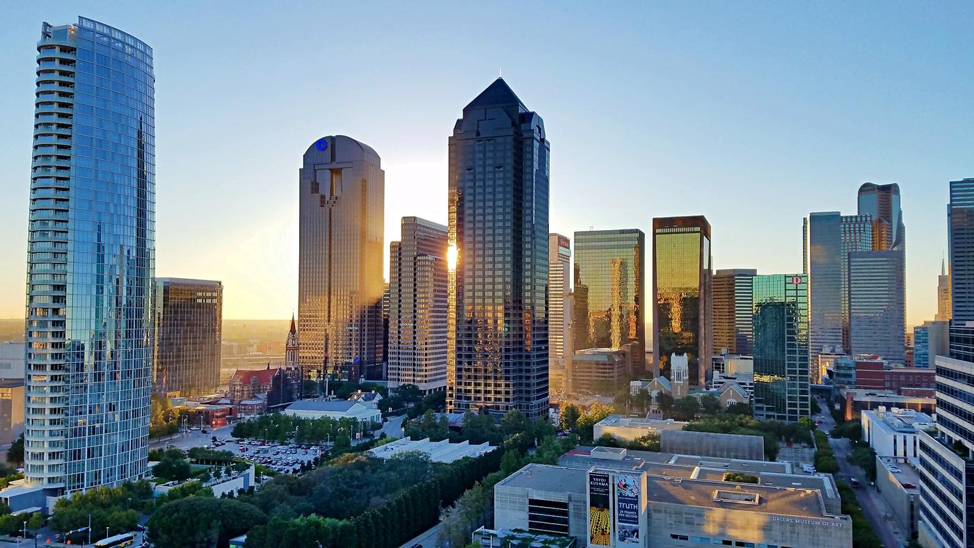 Dallas skyline near the arts district at sunset